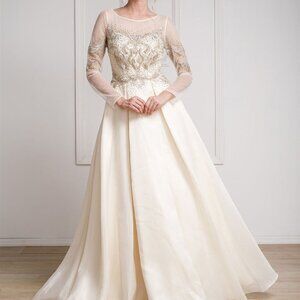 NWT CHAMPAGNE Bateau Neck Lace Bodice Evening Dress AC2002